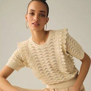 EUC Anthropologie Katchel Shimmer Crochet Sweater Tee Cream Size XS